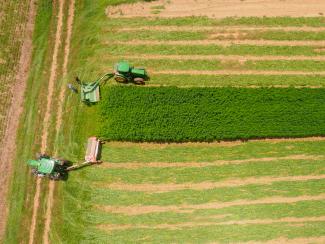 Aerial view of farm equipment on a field